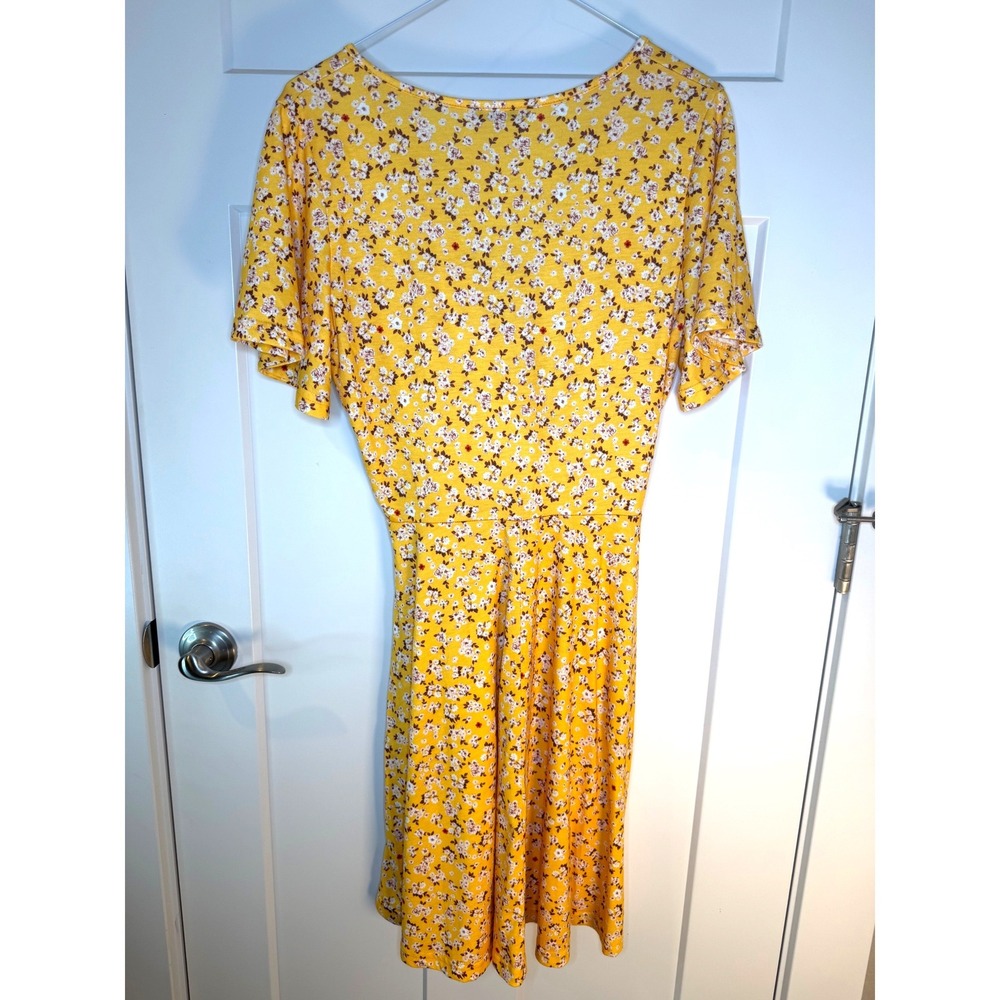 Fensace Yellow Floral Faux Wrap Mini Dress Short Flutter Sleeve V-Neck Medium - Picture 3 of 9